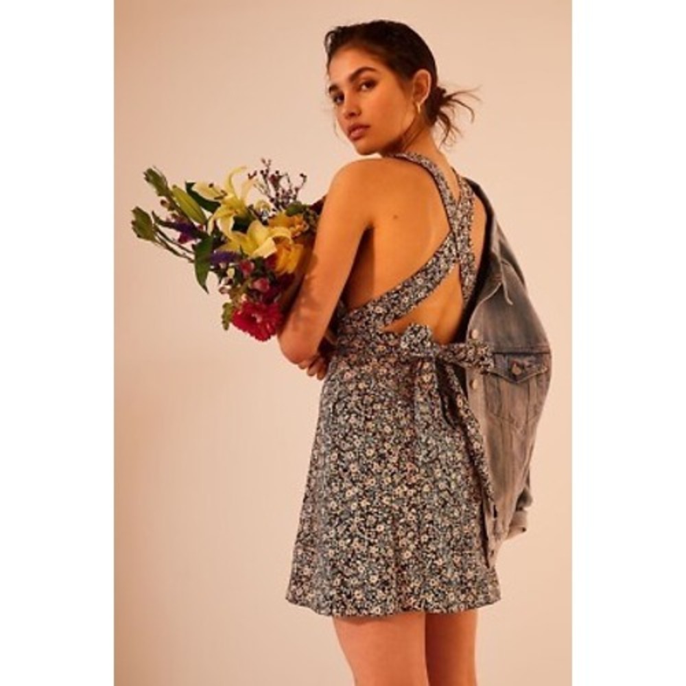 Free People Baby's Got It Denim Convertible Halter Floral Cotton Mini Dress Sz 8 - Picture 14 of 14